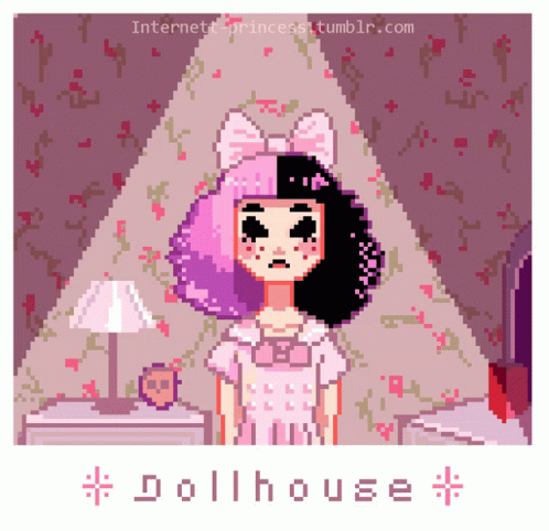 A Pixel Art Drawing Of A Doll With The Words Dollhouse Below It GIF