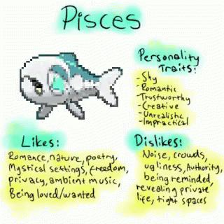 A Pixel Art Drawing Of A Fish With The Word Pisces At The Top GIF