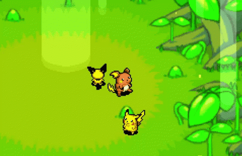 A Pixel Art Drawing Of A Fox And Two Pikachu In A Forest GIF