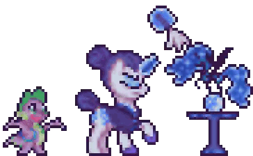 a pixel art drawing of a frog a pony and a plant