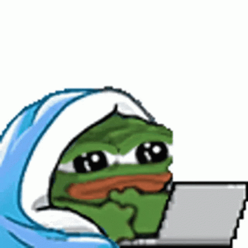 A Pixel Art Drawing Of A Frog Wearing A Blue Blanket And Using A Laptop Computer . GIF