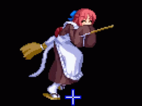 A Pixel Art Drawing Of A Girl Holding A Key And A Broom GIF