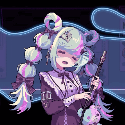 A Pixel Art Drawing Of A Girl Holding A Sword And A Teddy Bear GIF