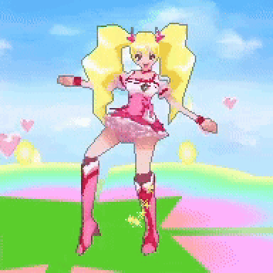 A Pixel Art Drawing Of A Girl In A Pink Dress And Boots GIF