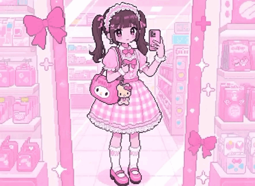 A Pixel Art Drawing Of A Girl In A Pink Dress Taking A Selfie In A Store . GIF