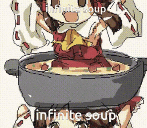 a pixel art drawing of a girl in a pot of soup with the words infinite soup above her