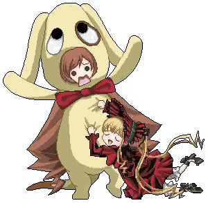 a pixel art drawing of a girl in a red dress and a rabbit mascot