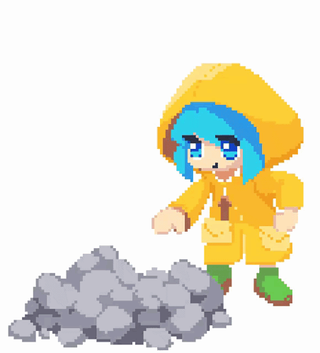 A Pixel Art Drawing Of A Girl In A Yellow Raincoat Standing Next To A Pile Of Rocks GIF