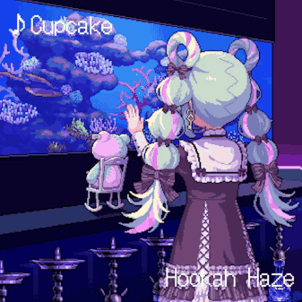 A Pixel Art Drawing Of A Girl Looking At An Aquarium With The Words Cupcake Hookah Haze Below Her GIF