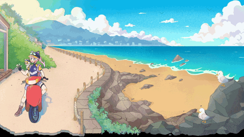 A Pixel Art Drawing Of A Girl On A Scooter On A Beach GIF