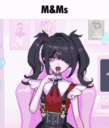 A Pixel Art Drawing Of A Girl With A Lollipop In Her Mouth And The Words M & Ms Above Her GIF