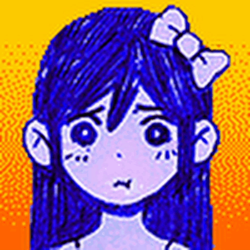a pixel art drawing of a girl with blue hair and a bow on her head .