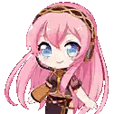 a pixel art drawing of a girl with long pink hair and blue eyes .