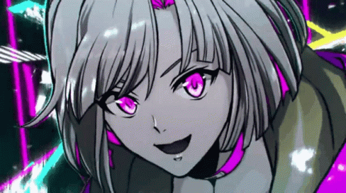 A Pixel Art Drawing Of A Girl With Purple Eyes And Gray Hair . GIF