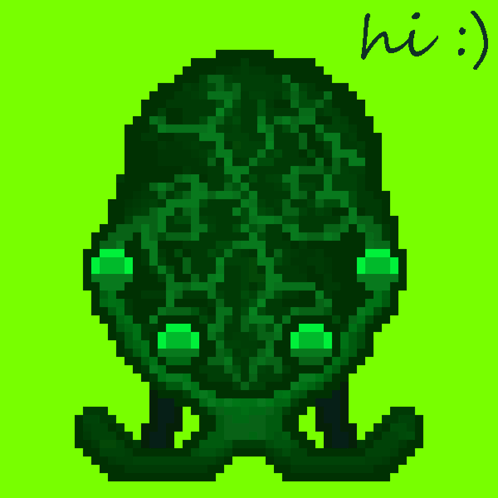 A Pixel Art Drawing Of A Green Monster With The Word Hi Written Below It GIF