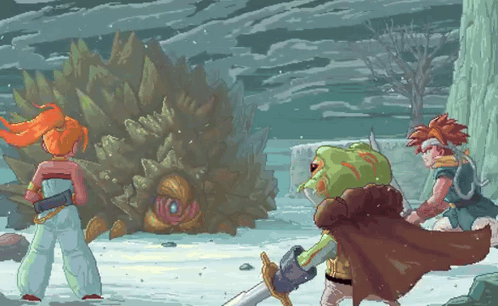 A Pixel Art Drawing Of A Group Of People Fighting A Monster In The Snow GIF