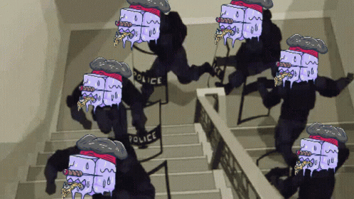 A Pixel Art Drawing Of A Group Of Police Officers Walking Down Stairs GIF