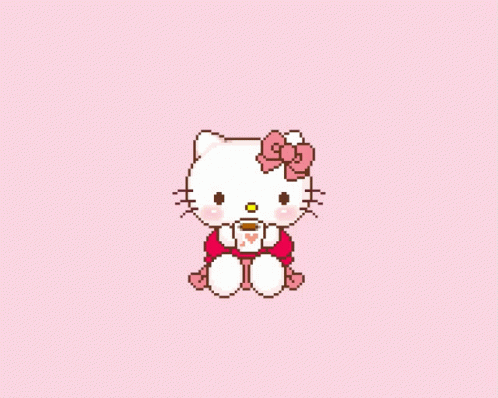 A Pixel Art Drawing Of A Hello Kitty Holding A Cup Of Coffee GIF