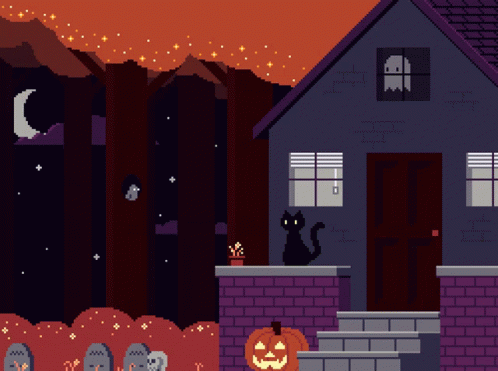 A Pixel Art Drawing Of A House With A Black Cat And A Pumpkin GIF