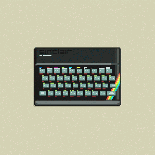 A Pixel Art Drawing Of A Keyboard With Purple And Green Keys On A Beige Background GIF