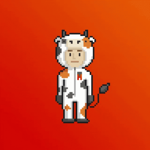 A Pixel Art Drawing Of A Man Dressed As A Cow With The Letter M On His Chest GIF