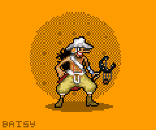 A Pixel Art Drawing Of A Man Holding A Bow And Arrow With The Letters Batsy Below Him GIF