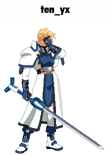 a pixel art drawing of a man holding a sword with the text ten_yx above him