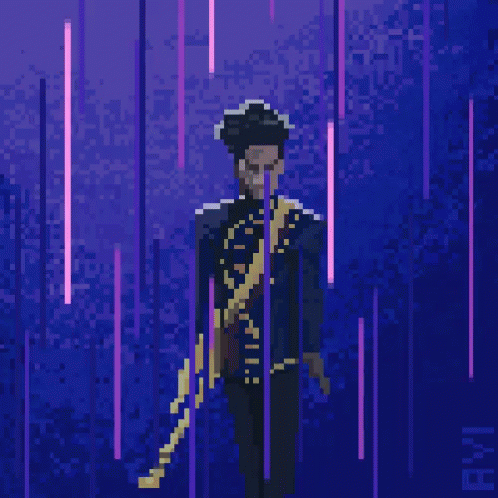 A Pixel Art Drawing Of A Man In A Blue And Gold Outfit GIF
