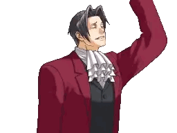 a pixel art drawing of a man in a red suit and white tie