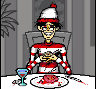 A Pixel Art Drawing Of A Man Sitting At A Table With A Plate Of Food GIF