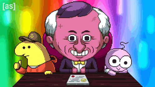 Pixel Art Man Sitting At Table With Cartoon Characters GIF