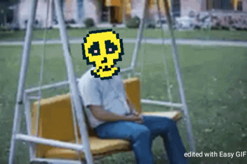 A Pixel Art Drawing Of A Man Sitting On A Swing With A Skull On His Face GIF