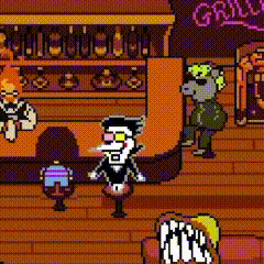 A Pixel Art Drawing Of A Man Standing In A Bar . GIF