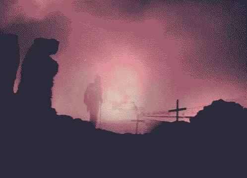 A Pixel Art Drawing Of A Man Standing In A Cemetery GIF