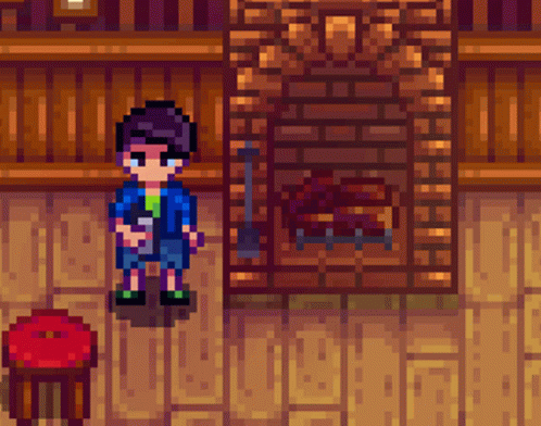 A Pixel Art Drawing Of A Man Standing In Front Of A Fireplace GIF