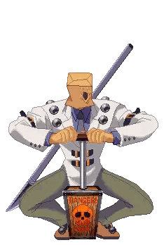 a pixel art drawing of a man with a bag on his head holding a box that says danger
