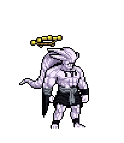 a pixel art drawing of a monster with a sword on his head .