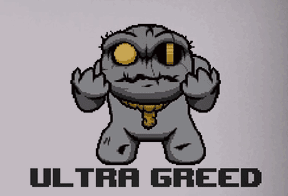 a pixel art drawing of a monster with the words ultra greed on the bottom