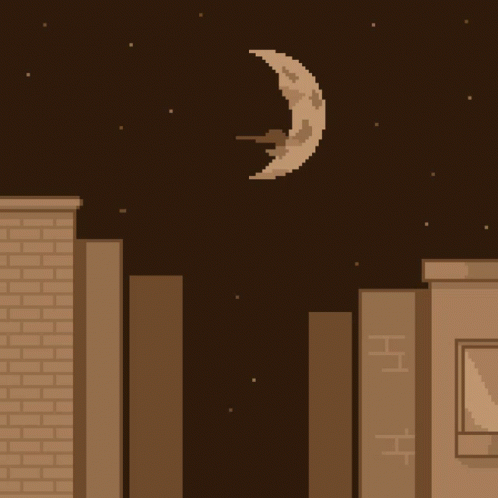 A Pixel Art Drawing Of A Ninja Jumping Over A Brick Wall With A Crescent Moon In The Background GIF