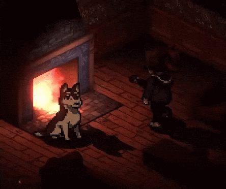 A Pixel Art Drawing Of A Person And A Dog In Front Of A Fireplace GIF