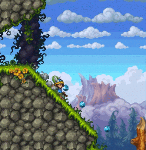 A Pixel Art Drawing Of A Person Standing On A Rocky Hillside GIF