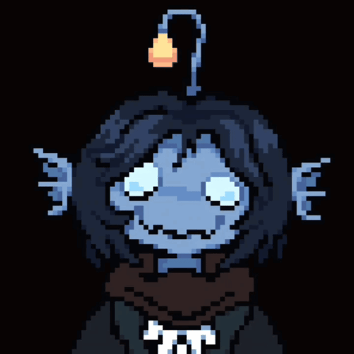 A Pixel Art Drawing Of A Person With A Light On Their Head And A Scarf Around Their Neck GIF