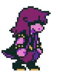 a pixel art drawing of a person with purple hair and a black cape .