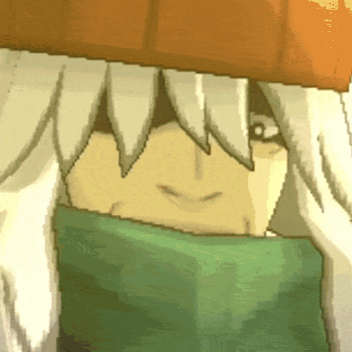 a pixel art drawing of a person with white hair and a green scarf