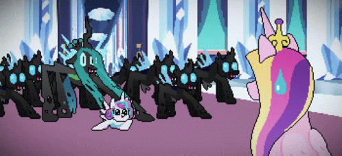A Pixel Art Drawing Of A Princess Standing In Front Of A Bunch Of Ponies GIF