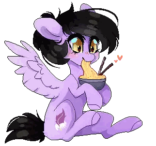 a pixel art drawing of a purple pony eating noodles