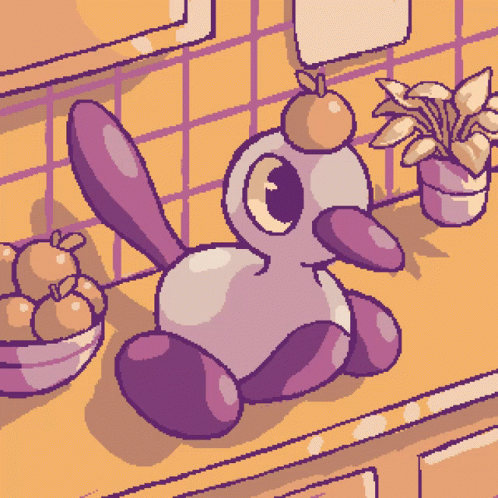 A Pixel Art Drawing Of A Purple Stuffed Animal On A Counter GIF