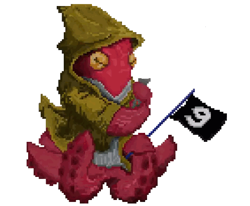 a pixel art drawing of a red monster holding a flag with the letter b on it