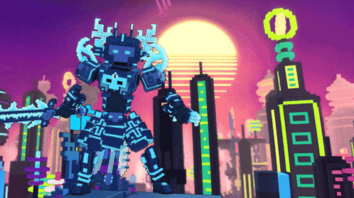 A Pixel Art Drawing Of A Robot Holding A Sword In Front Of A City GIF