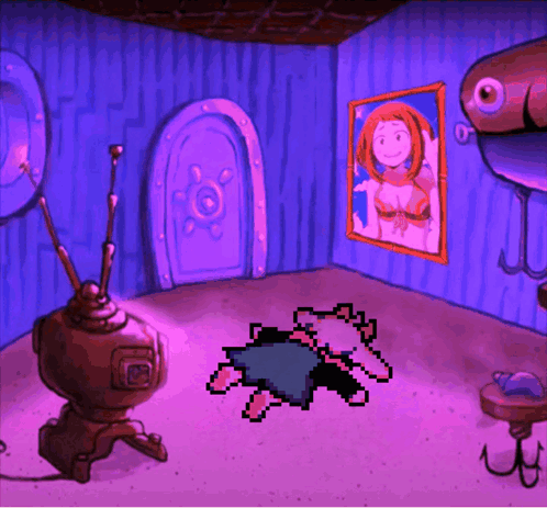 A Pixel Art Drawing Of A Room With A Picture On The Wall GIF